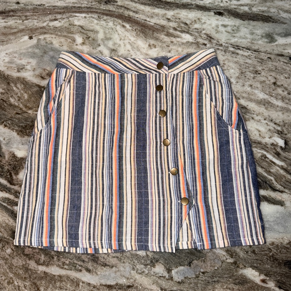 Altar'd State Navy, Cream & Orange Striped Button-Front Mini Skirt‎